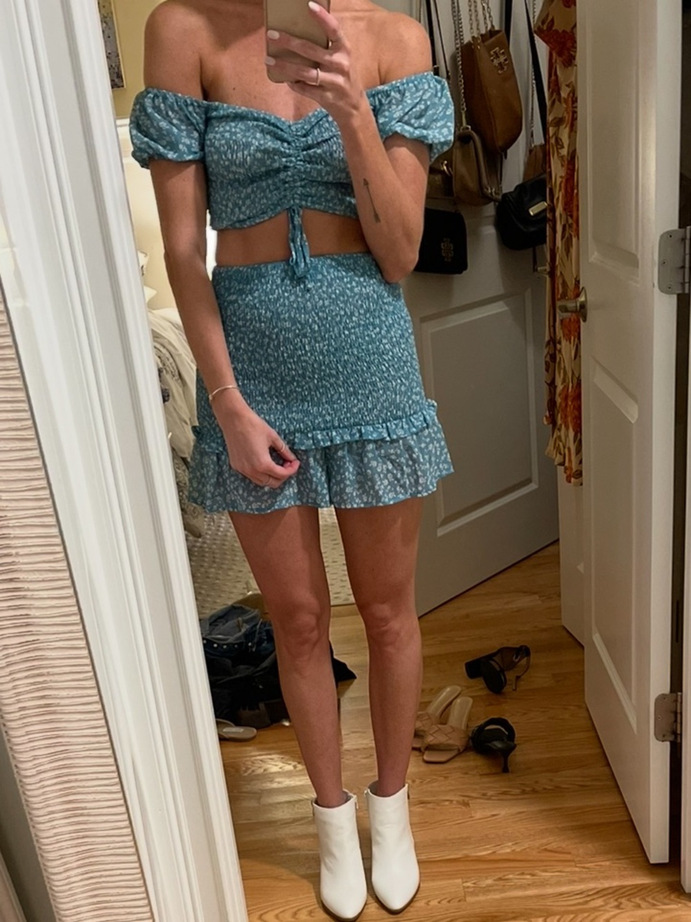 Mable Teal Floral Smocked Mini Skort Set - Women's